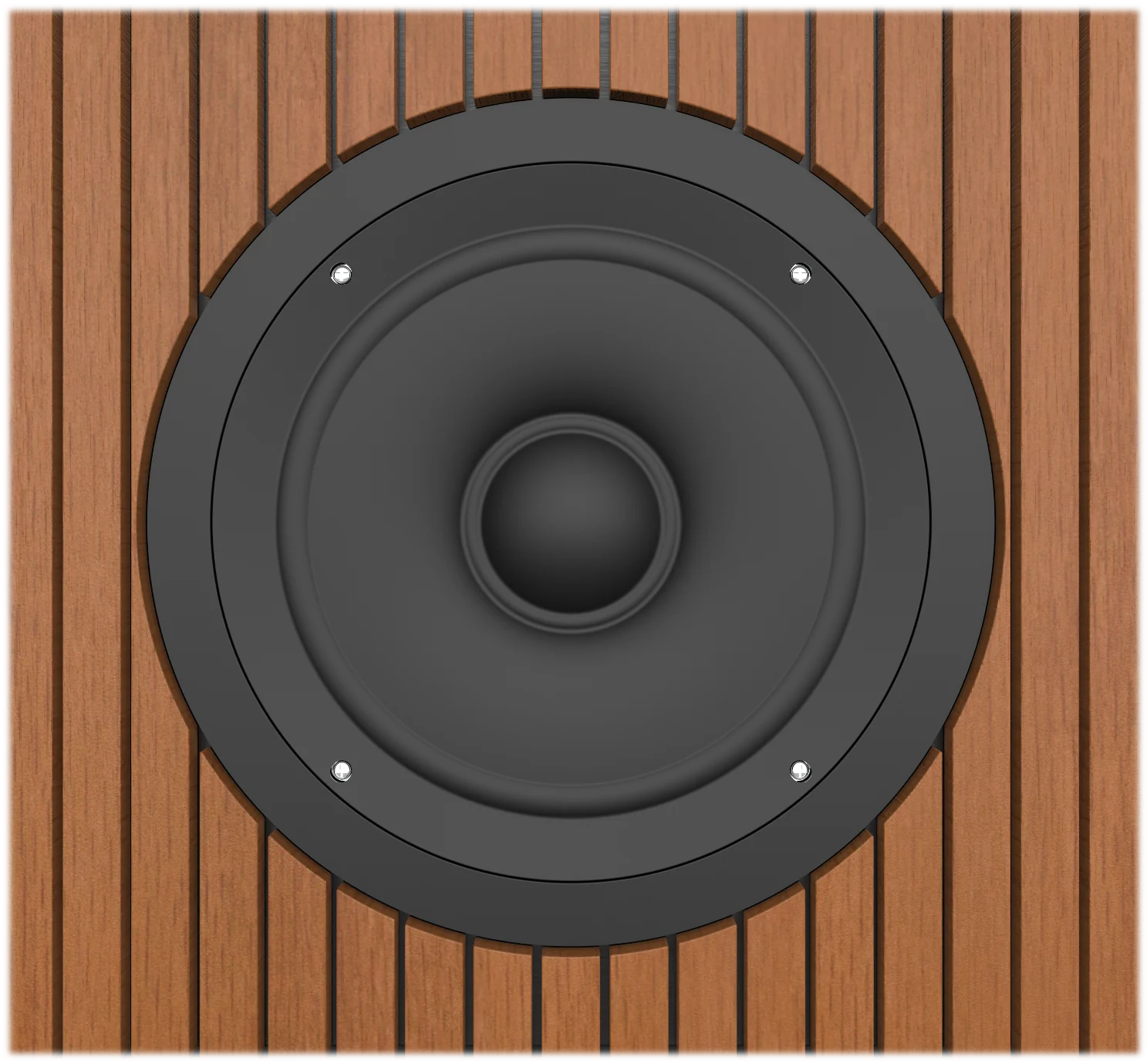 Close view of a speaker driver and timber slats