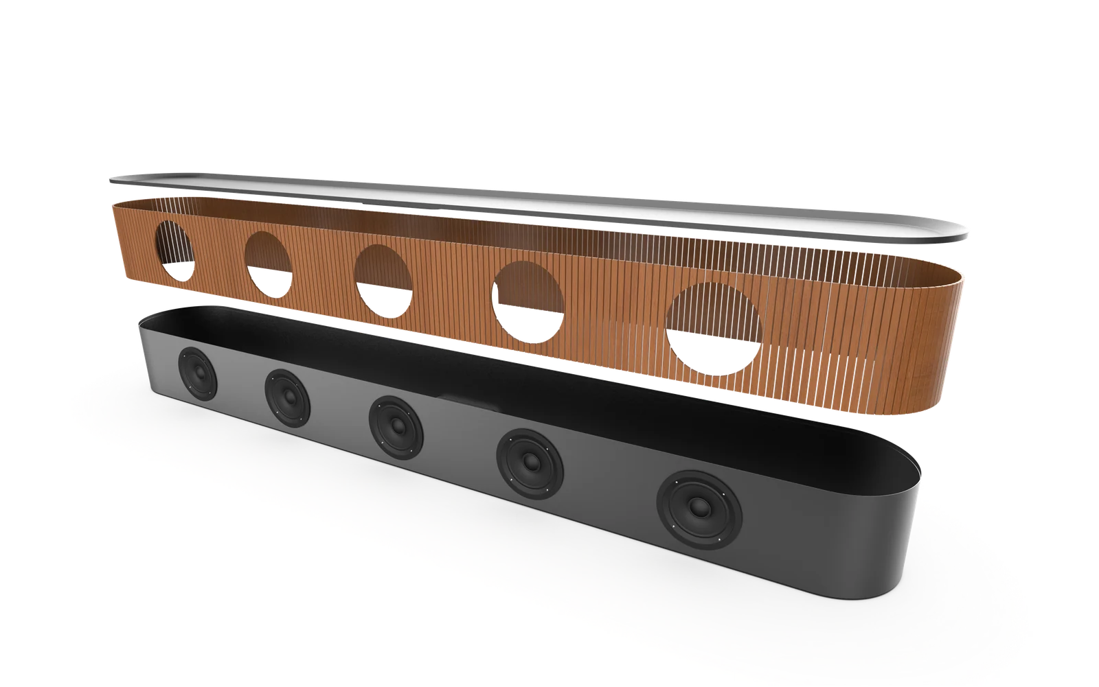 Exploded rendering showing the speaker’s upper surface, timber enclosure and internal body separated
