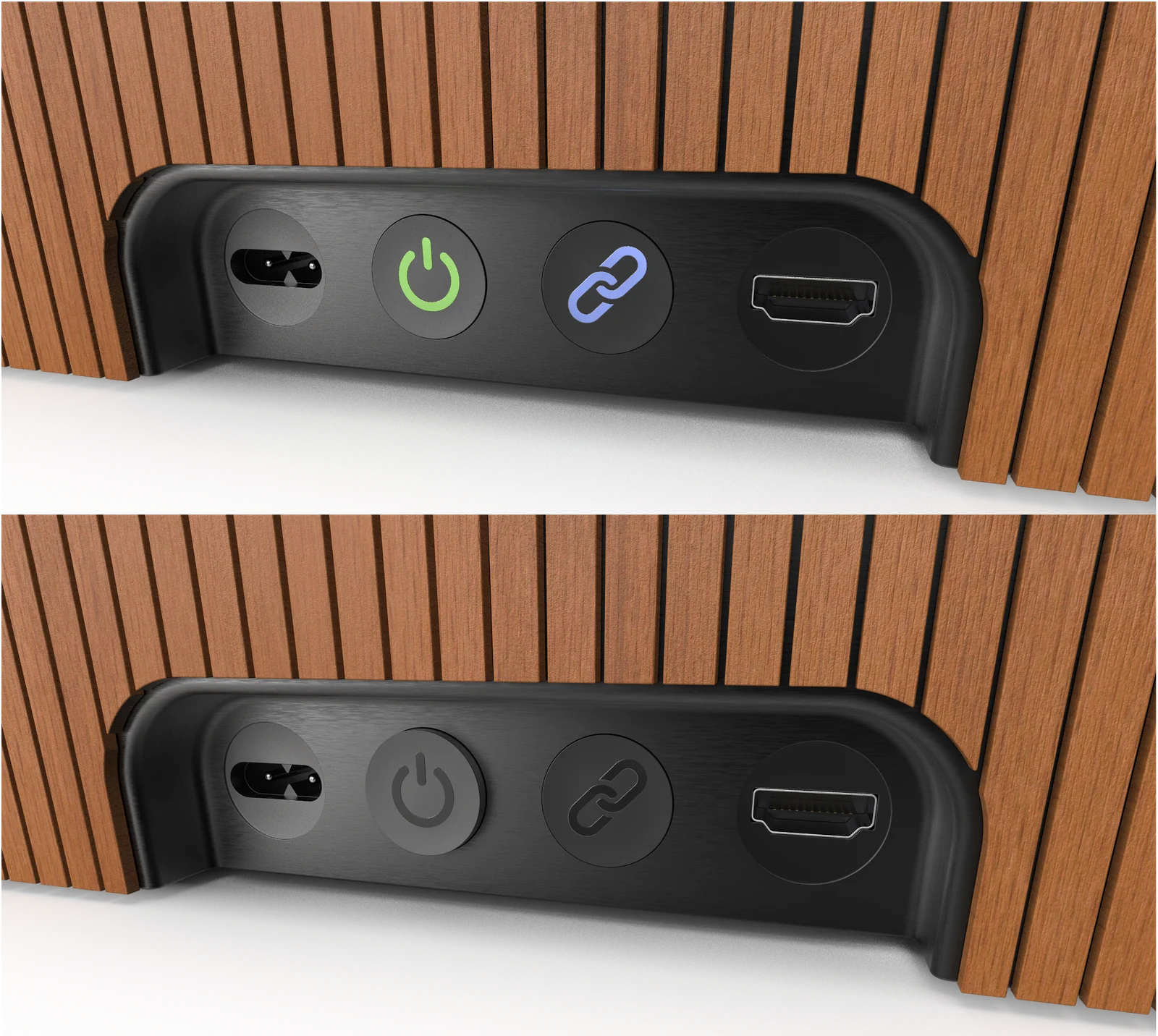 Rear speaker connection panel with the button indicators illuminated and unlit