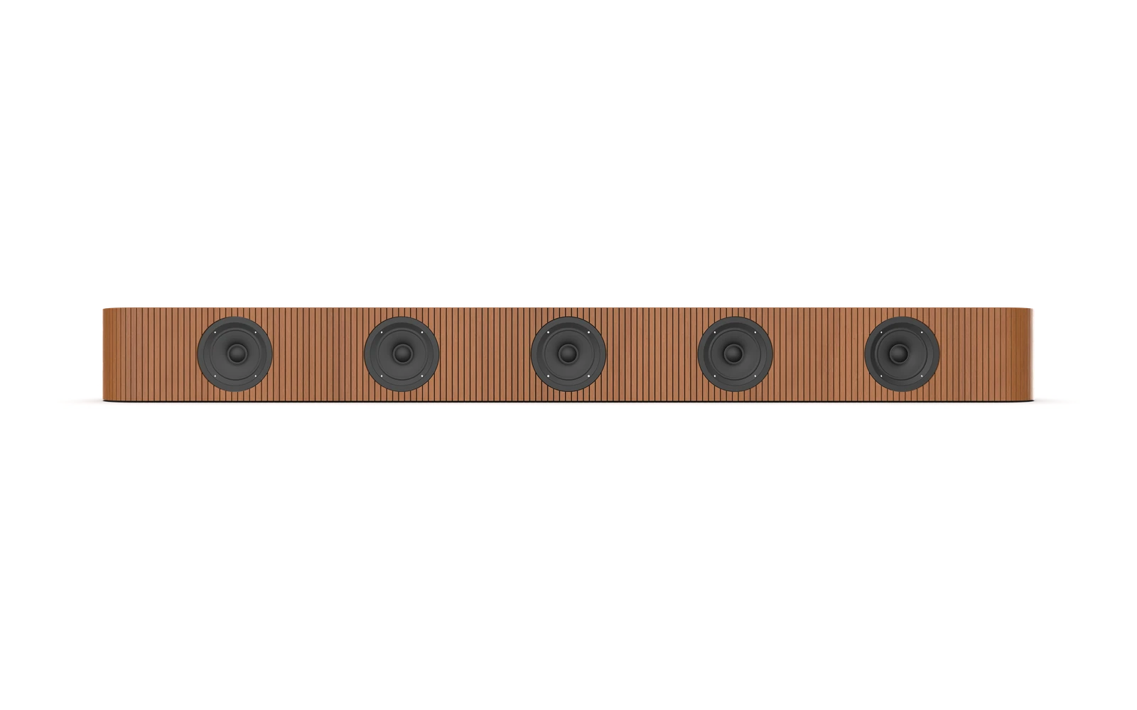 Front view of the timber soundbar with five exposed speaker drivers