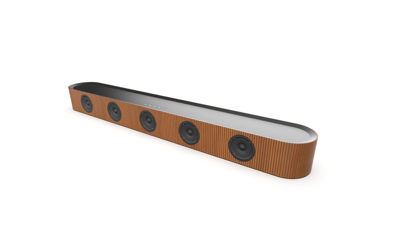Angled view of the finished soundbar showing the timber enclosure, drivers and upper surface