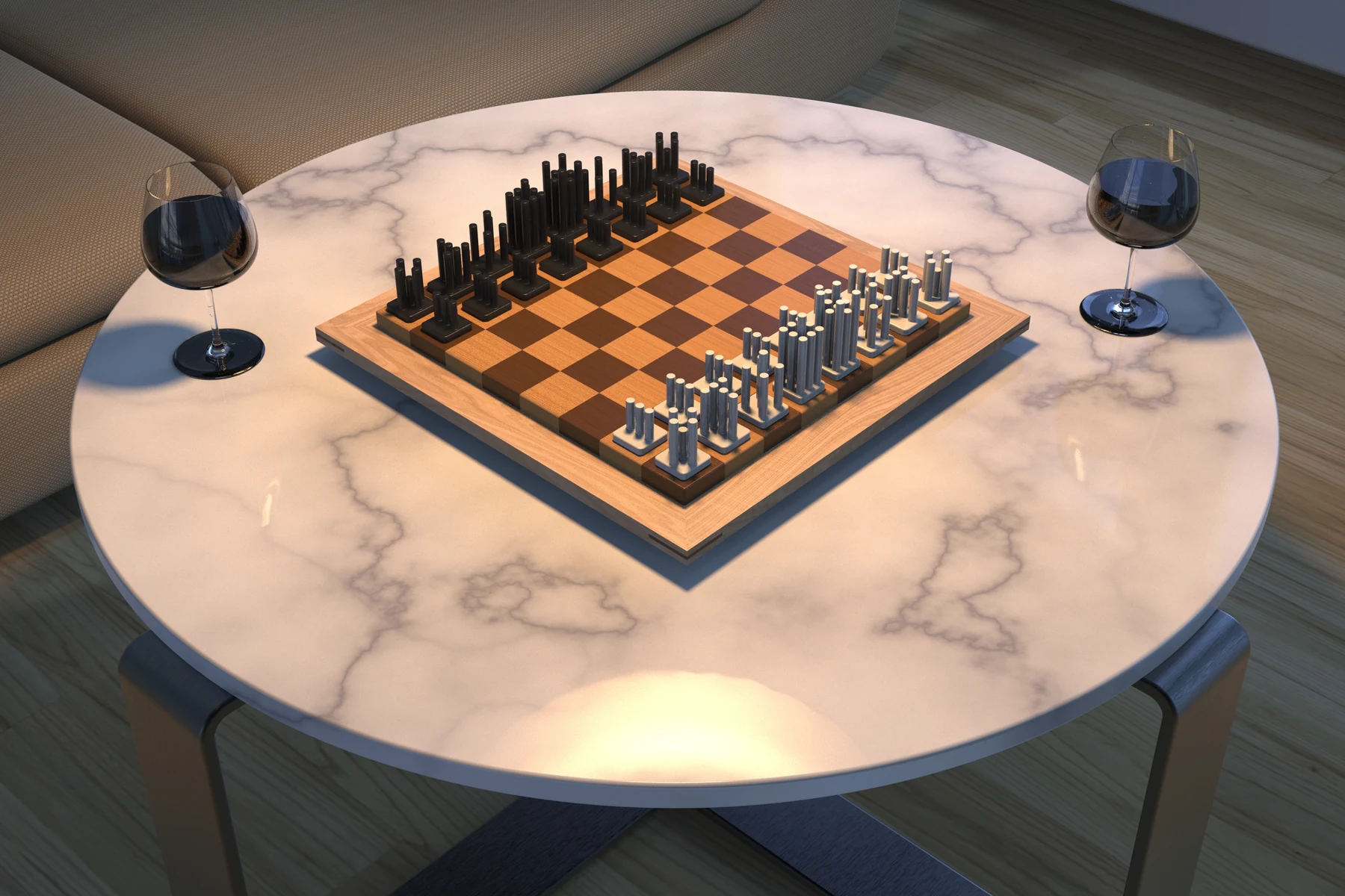Rendered chess set with sculptural pieces on a marble table