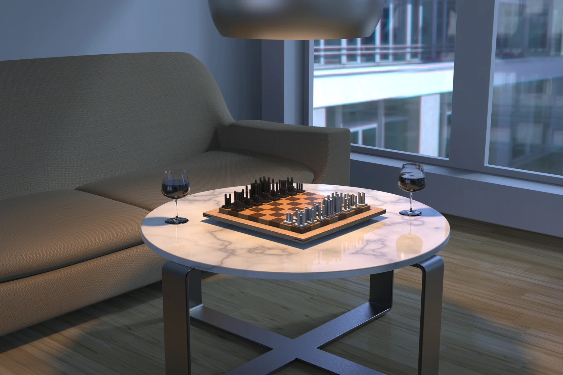 Rendered chess set on a round table in a contemporary living room