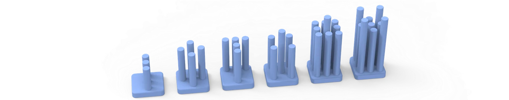 Angled view of the pawn, rook, knight, bishop, queen and king, with different heights and rod arrangements