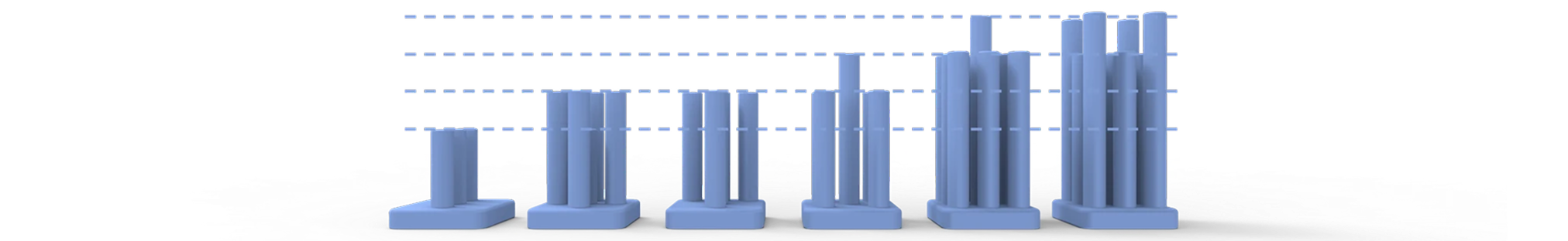 Side view of the pawn, rook, knight, bishop, queen and king compared against horizontal height guides