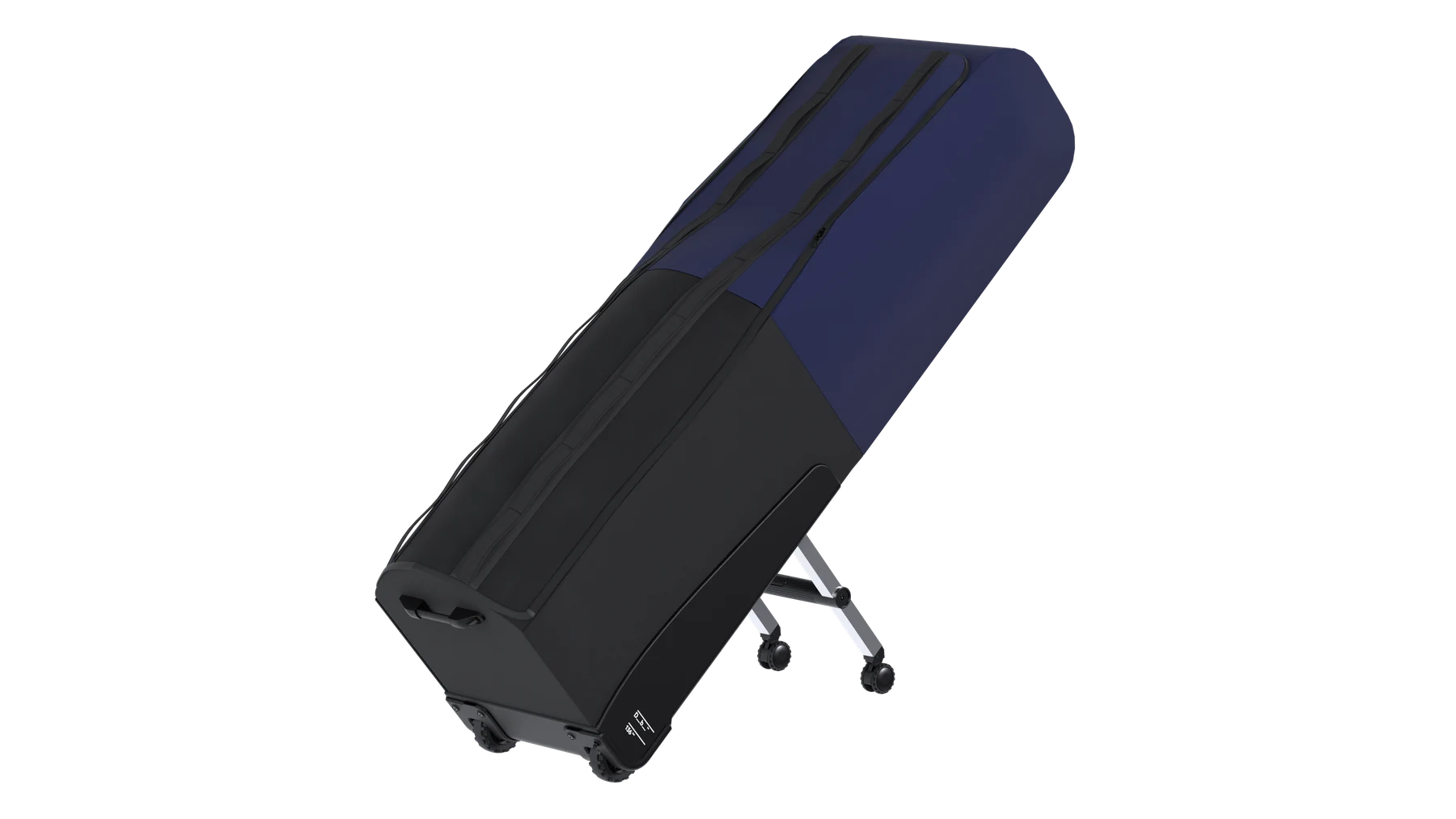 Final wheelhouse concept visualized with Db’s blue golf travel bag and deployed support wheels