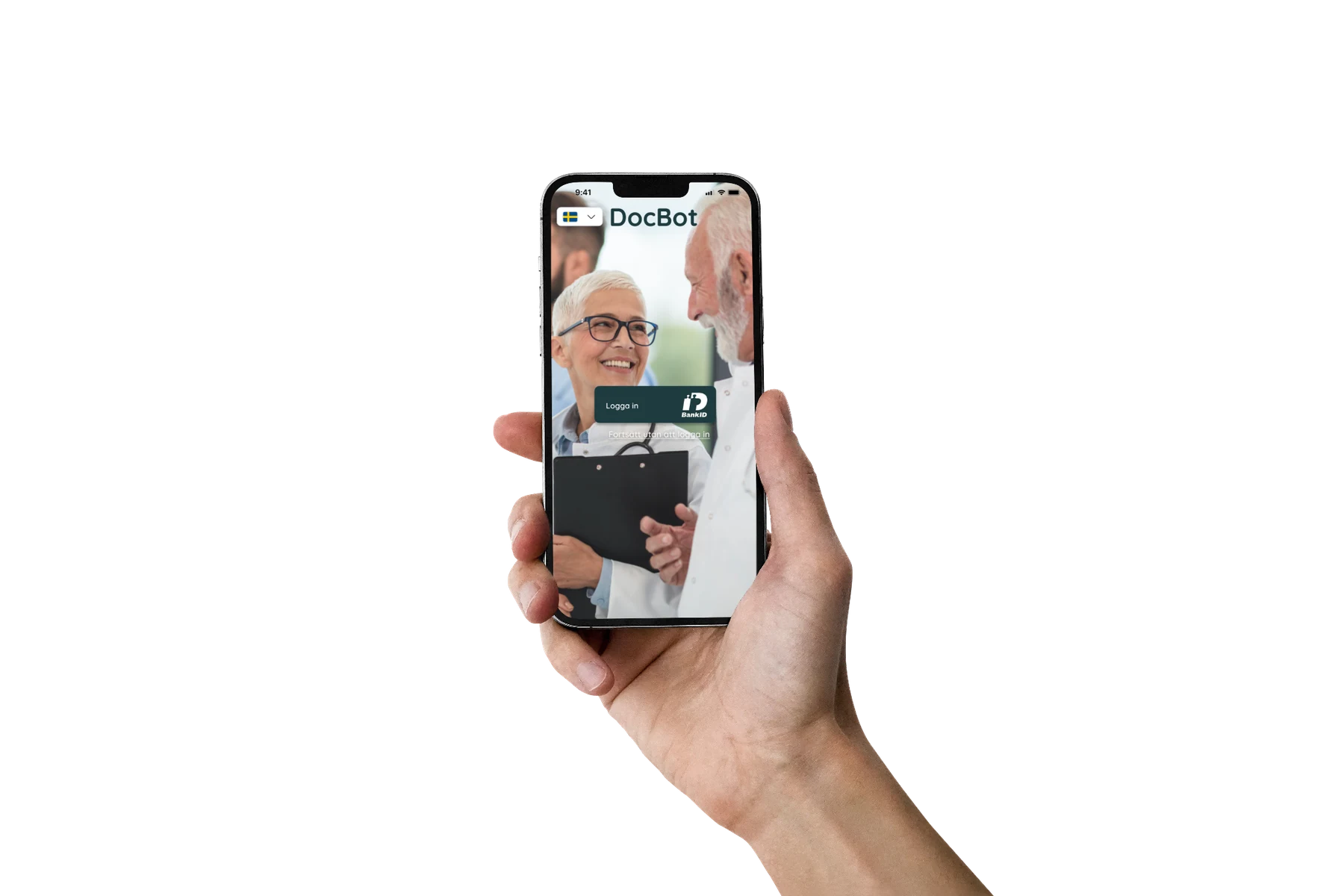 DocBot sign-in screen on a phone held in a hand