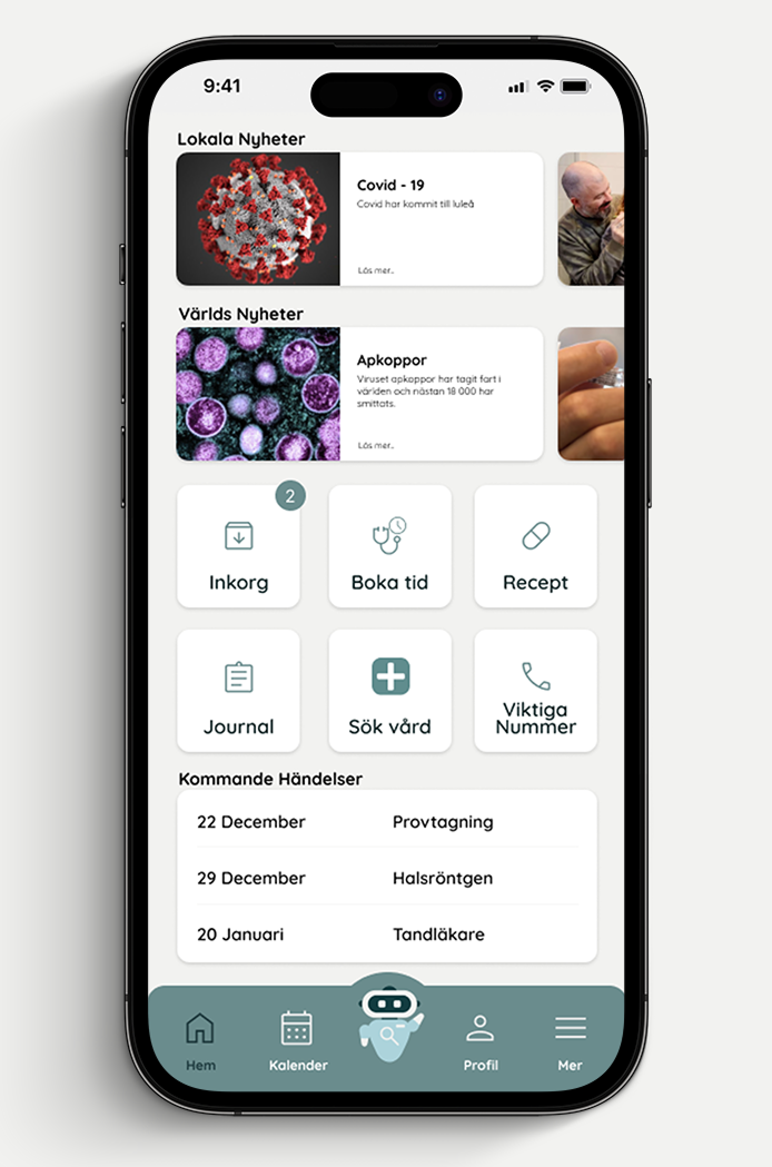 DocBot home screen with healthcare services, news and upcoming appointments