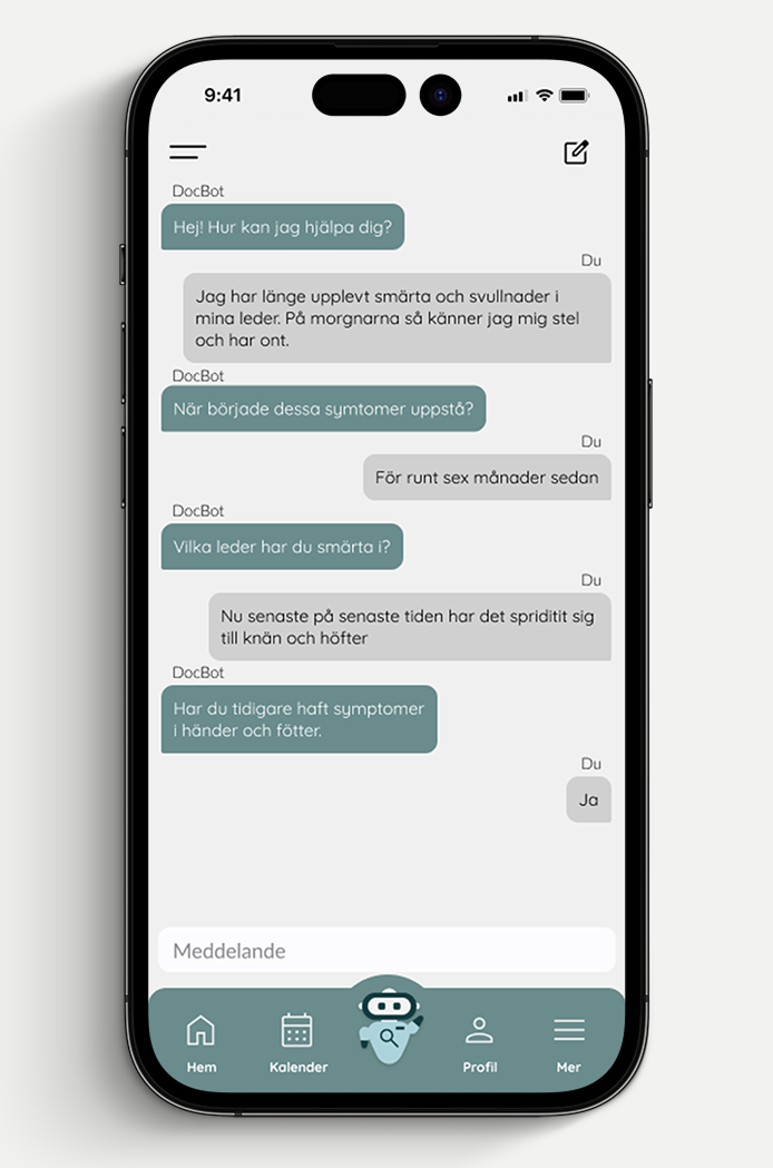 DocBot AI medical assistant screen showing a conversation about symptoms