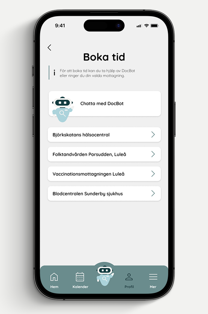 DocBot appointment booking screen with an assistant shortcut and a list of clinics