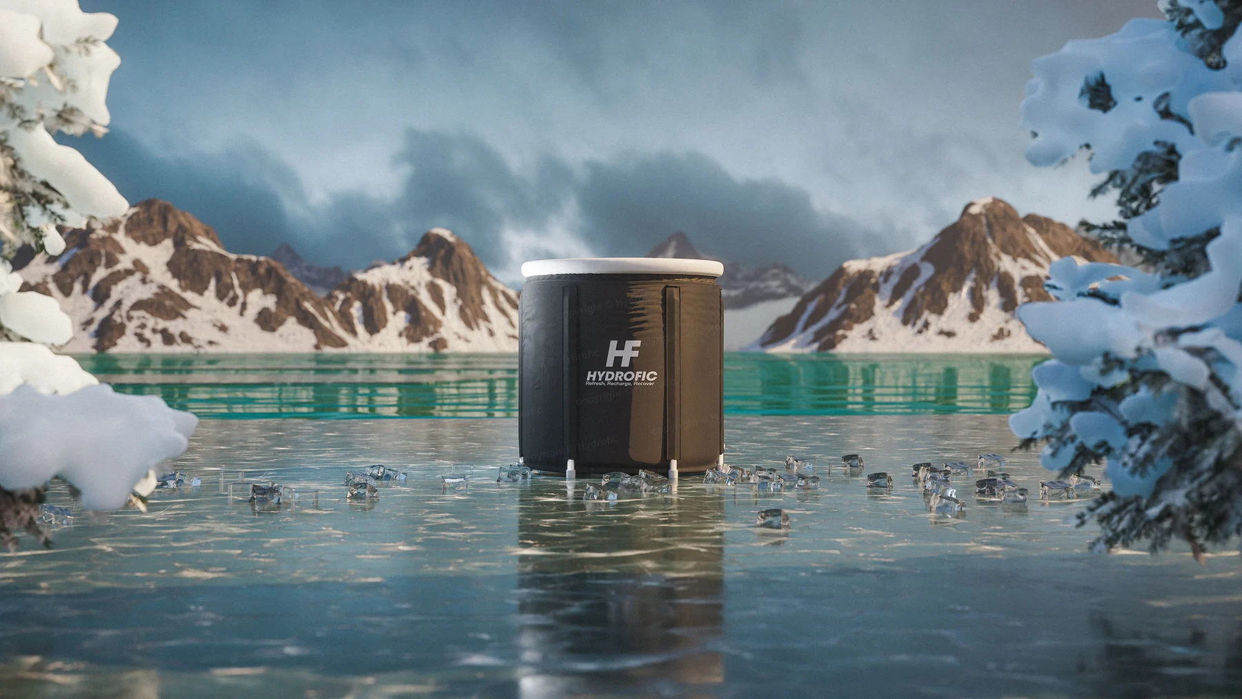 Hydrofic portable ice bath in mountain lake brand imagery