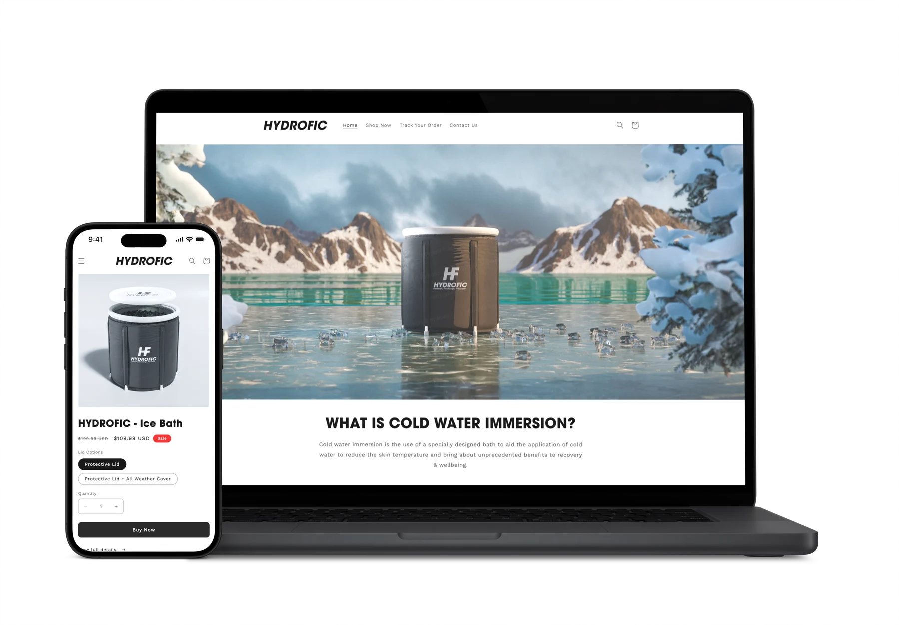 Hydrofic Shopify store shown on a laptop and phone