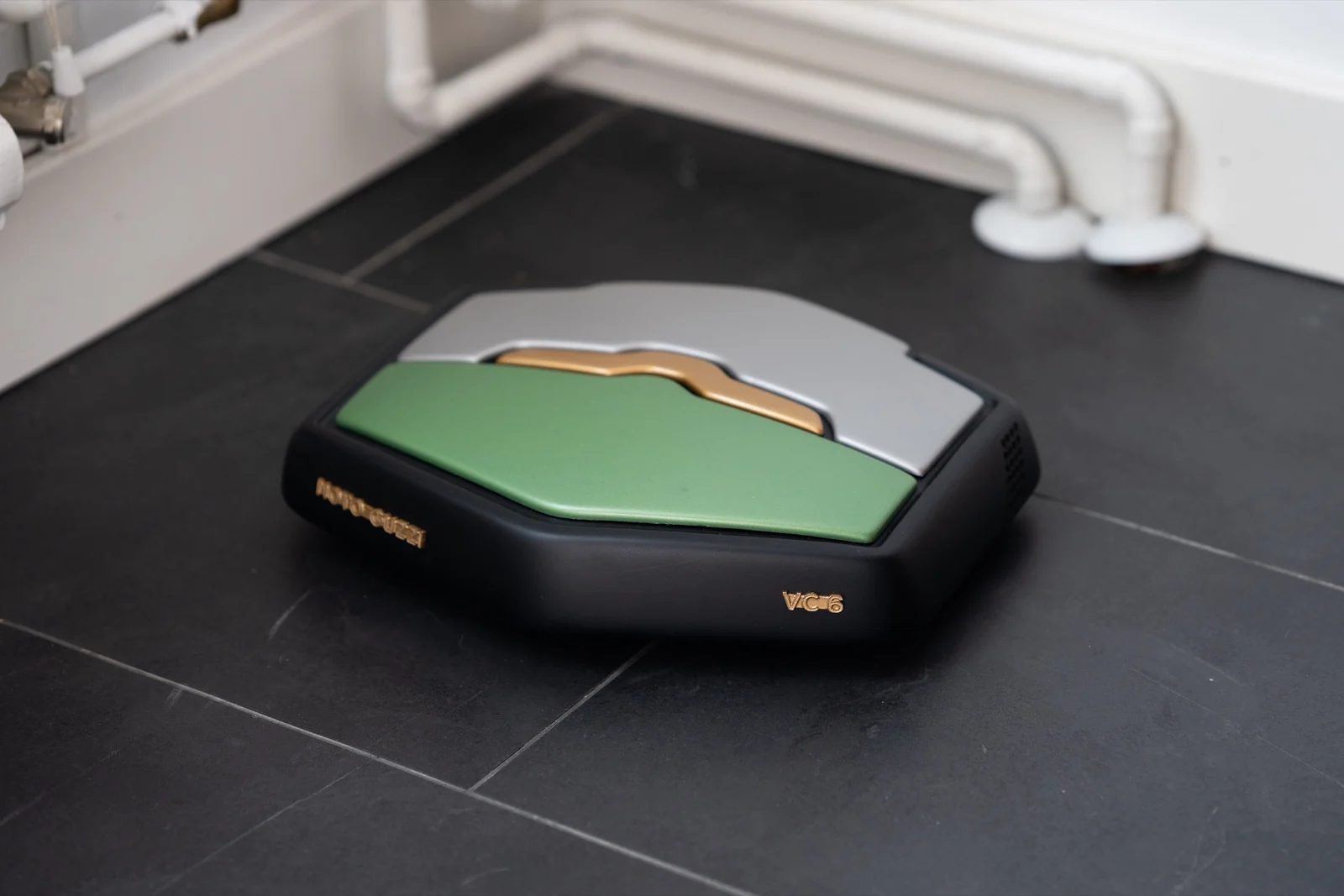 Close view of the finished Moto Guzzi robot vacuum prototype