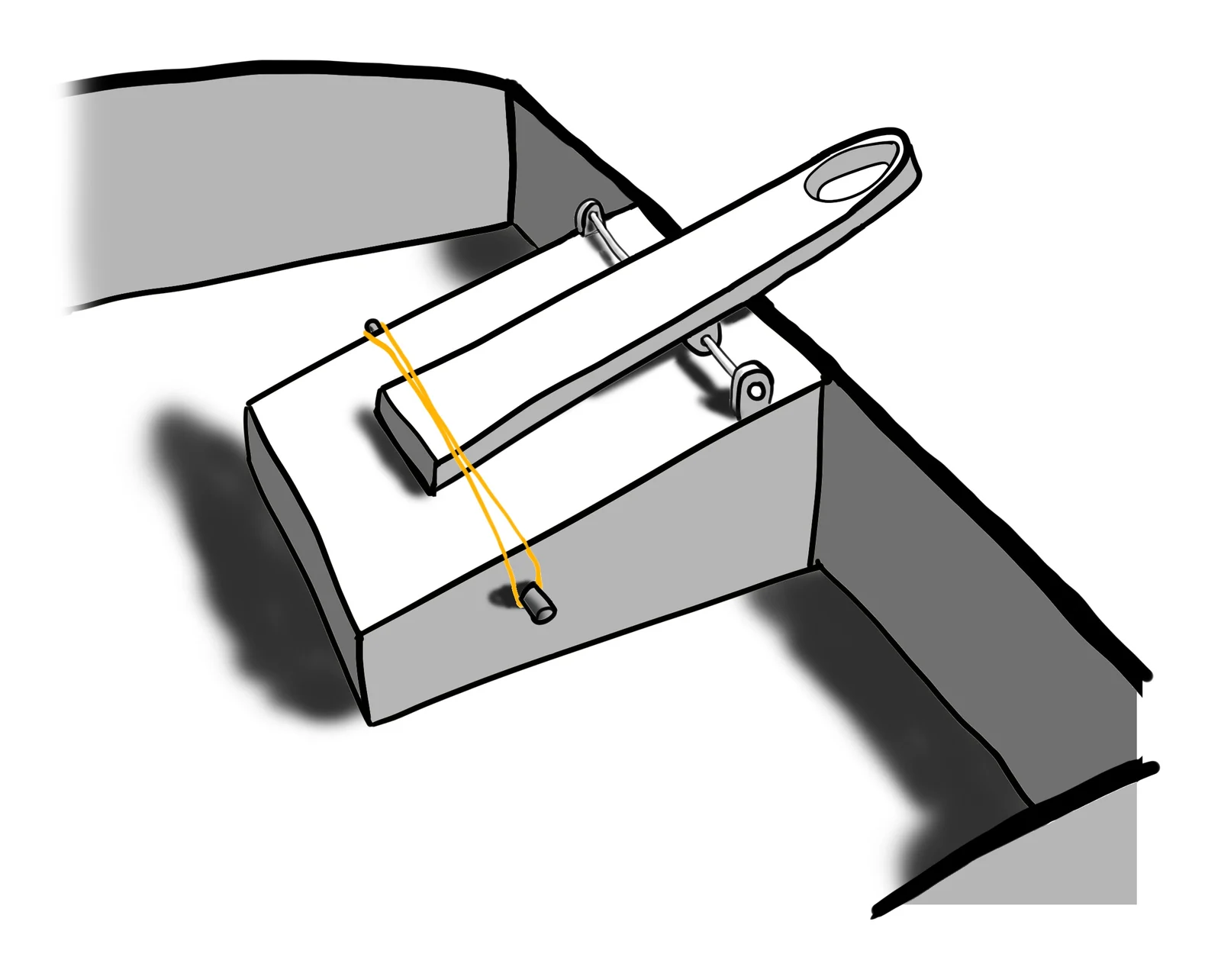 Detailed sketch of the launcher and rubber-band attachment