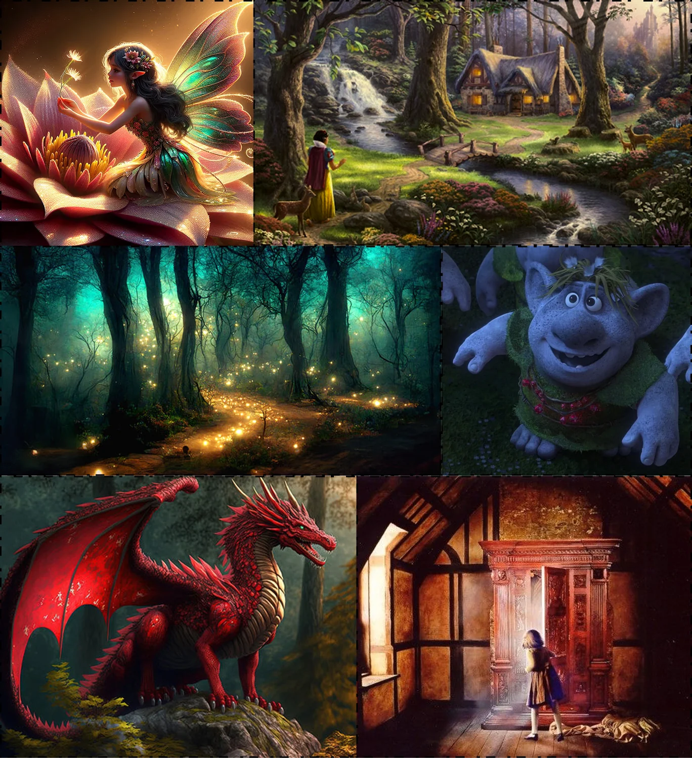 Fairytale moodboard with a forest cottage and magical characters