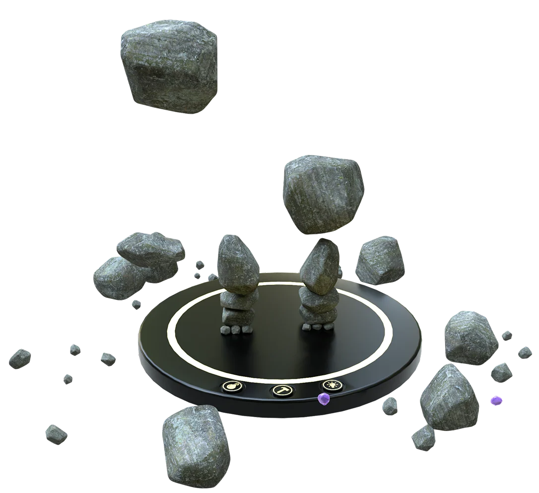 Stone pieces assembling into figures on a magnetic build plate