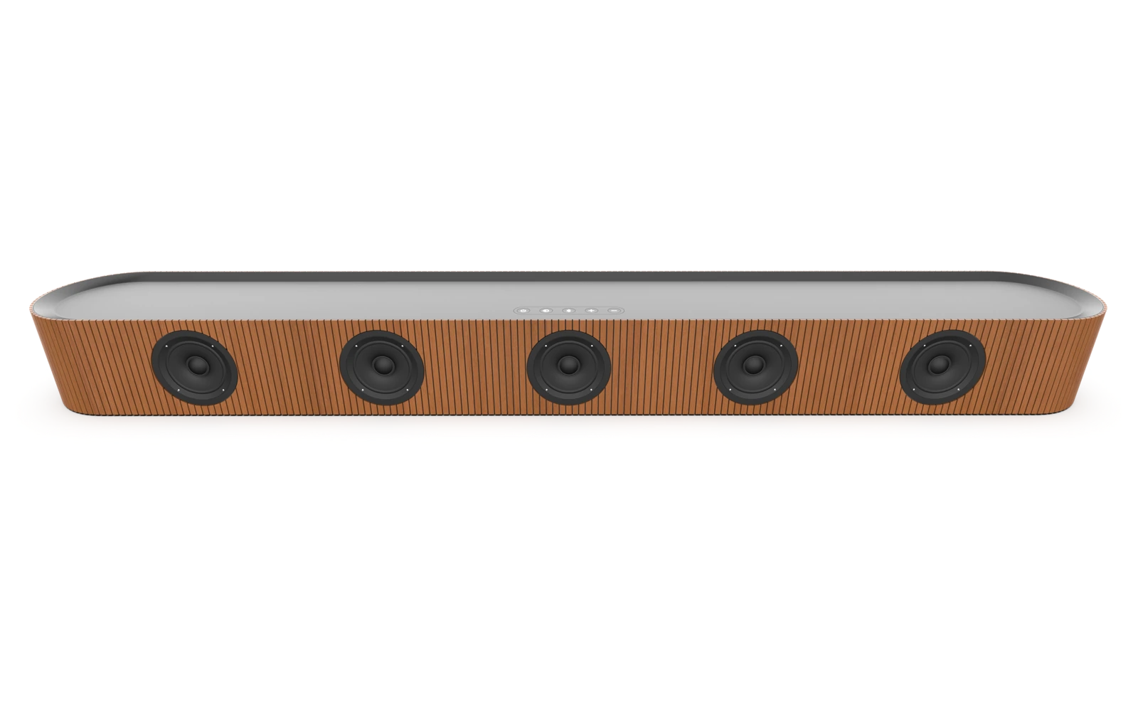 A wooden soundbar with exposed drivers
