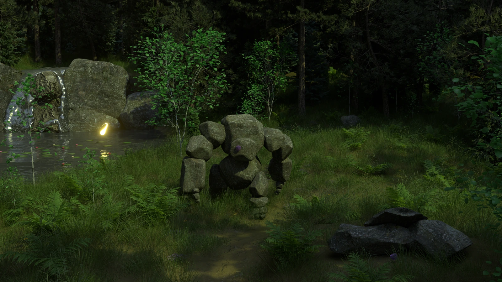 A stone golem in a lush forest beside a glowing spirit